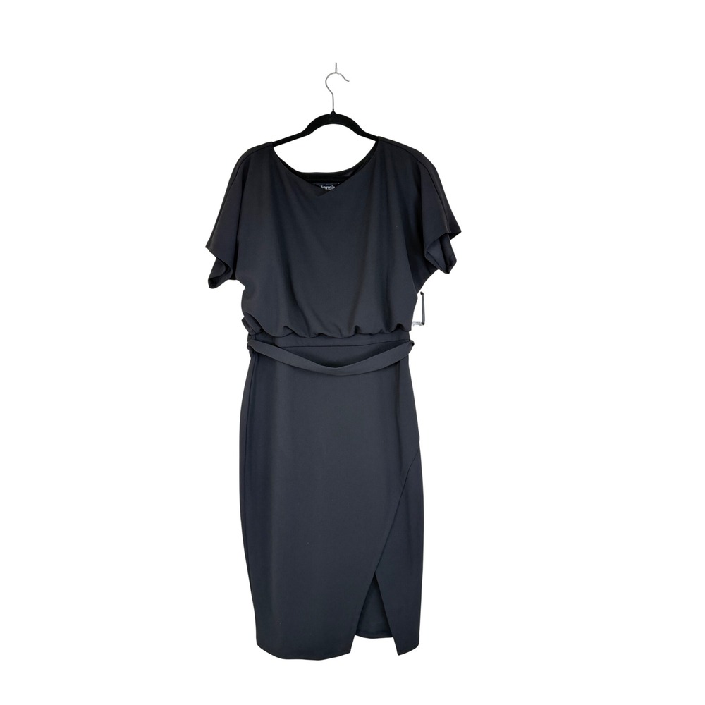 kensie Blouson Wrap Dress Women 12 New Black Boat Neck Belted Sheath Slit